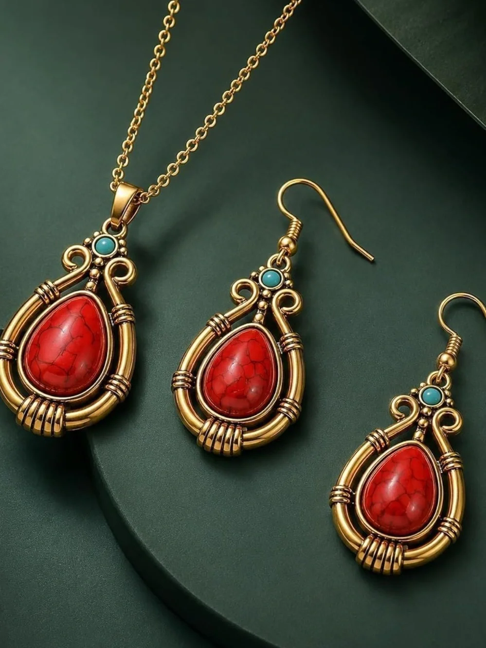 Anthropologie Gold-Tone Necklace and Earrings with Red and Turquoise Stones
